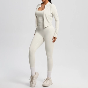 Three-piece yoga set showing full-length high-waist leggings and zip-up jacket