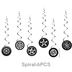 Set of 6 racing theme spiral ceiling streamers with tire hub patterns for birthday party