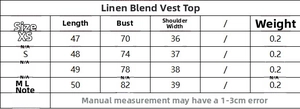 Tableau détaillé des tailles pour débardeur en lin avec mesures en centimètres