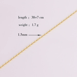 Detail of 1.5mm gold-plated copper O-chain necklace showing 38+7cm length parameters