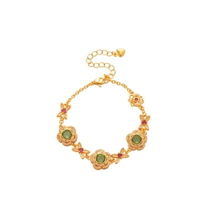 24K gold plated beaded bracelet with green floral charms and pink butterflies