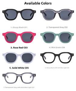Collection of square frame sunglasses and anti-blue light glasses in various colors