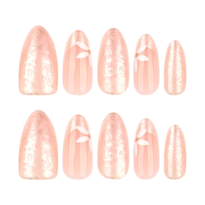White daisy almond press-on nails with soft pink marble texture and floral nail art