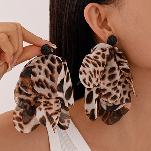 Bohemian leopard print fabric flower earrings with black rose studs for a summer look