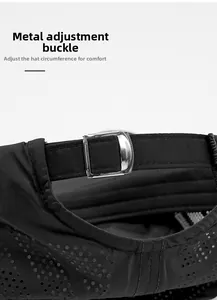 Detail of adjustable metal buckle and laser-cut breathable fabric on black sports cap
