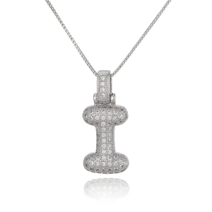 Detailed view of silver letter I pendant with micro-p鑲ed zircons on a delicate box chain