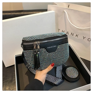 Detail of rhinestone crossbody bag with a round coin purse and geometric strap