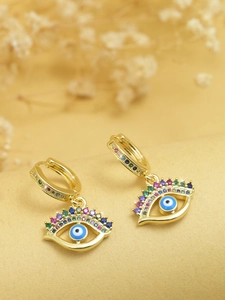 Golden evil eye hoop earrings with colorful cubic zirconia and palm pendant design