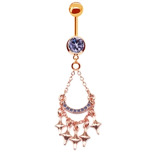 Piercing de nombril en or rose avec pendentif lune et étoiles en cristal violet