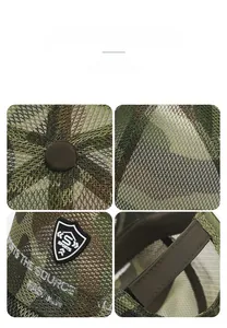Detail of camouflage mesh baseball cap featuring S SPORTS rubber patch and embroidery