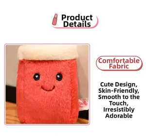 Close-up of soft plush lipstick toy featuring red fabric and white fluffy top detail