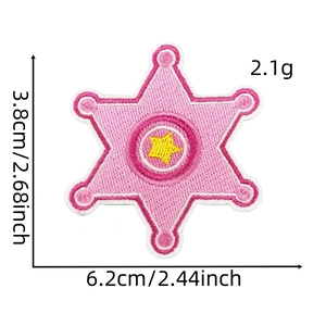 Detailed view of pink star embroidery patch with 6.2cm size and 2.1g weight specs