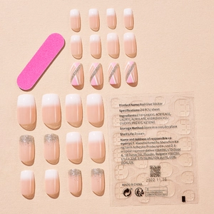 Pink French glitter plaid press-on nails set with adhesive tabs and nail file