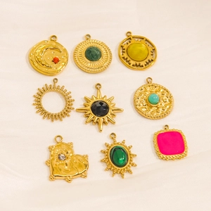 Set of 9 DIY gold plated stainless steel pendants with natural stones and sun moon designs