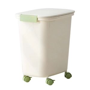 Airtight pet food storage container with green lid and wheels for fresh dog and cat food