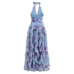 Detailansicht Rückenpartie florales Halter-Maxikleid mit Rückenausschnitt und Volants
