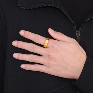 Minimalist square gold ring in brushed stainless steel finish worn on male finger