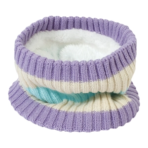 Detail of striped knitted snood with thick white plush lining for winter warmth