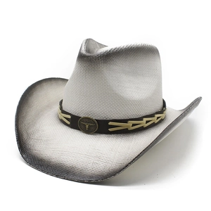 Classic woven cowboy hat in beige with black gradient brim and metal bull head logo