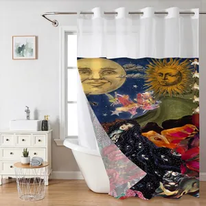 Rideau de douche rétro à fleurs gaufrées avec collage vintage soleil et lune bohème