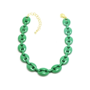 Detail of green enamel coffee bean chain links with adjustable gold-tone lobster clasp