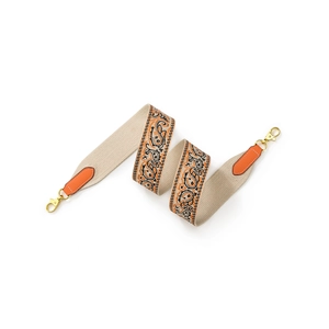 Bohemian paisley canvas shoulder strap with orange leather and gold swivel hooks