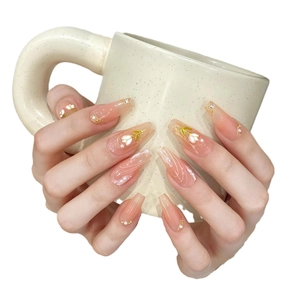 3D tulip relief press-on nails with nude pink gradient, pearls, and white waves