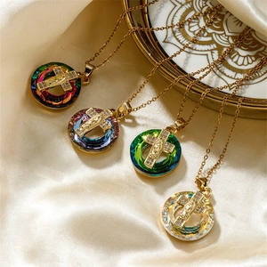 Religious style cross pendant necklace with colorful crystals on a gold fine chain
