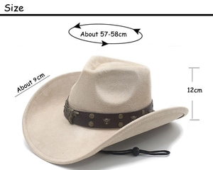 Spécifications de taille du chapeau de cowboy en daim beige avec boucle taureau