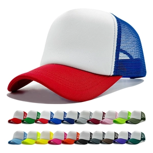 Three-tone mesh trucker hat in red, white and blue with twenty assorted color variants