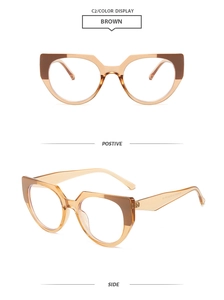 Detail view of brown cat-eye TR90 blue light blocking glasses with geometric frame