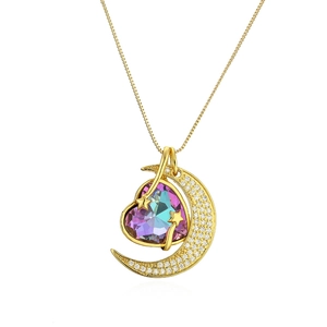 18K gold plated necklace featuring crescent moon and multicolor crystal heart pendant