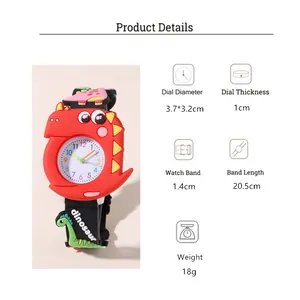 Detailed technical specifications and size chart for the 3D dinosaur cartoon watch