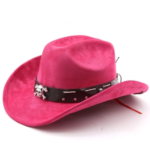 Detail of rose red suede cowboy hat with black leather band, studs, and skull ornament