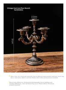 Detail view of a 5-head bronze cast iron candle holder with dimensions 31cm high and 27.5cm wide
