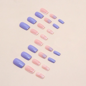 Short square press-on nails with purple glitter, French tips, and white butterfly patterns