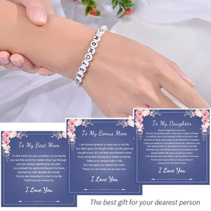 Amazonite bead bracelet with 'BEST MOM' letter charms and floral greeting cards gift set