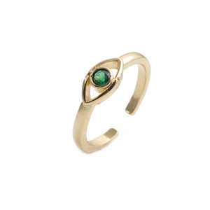 Detailed top view of a gold open eye ring featuring a central green zircon gemstone