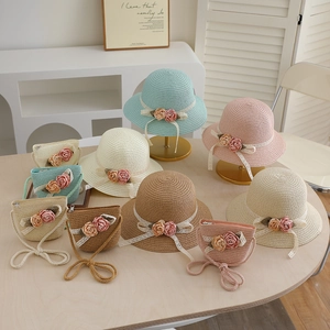 Matching kids straw hat and crossbody bag set with lace ribbon and rose decor