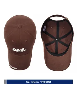 Detail view of brown cotton baseball cap showing interior lining and top embroidery