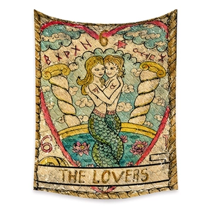 Detailed close-up of The Lovers tarot card tapestry with medieval illustration style