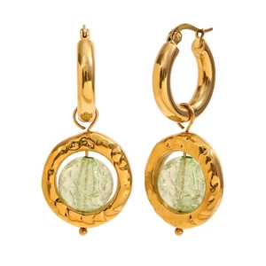 18K gold plated stainless steel drop earrings with green cracked beads and hammered circles