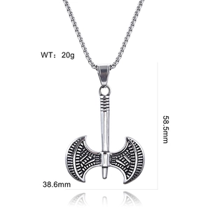 Detailed view of silver viking battle axe pendant with dimensions 58.5mm by 38.6mm