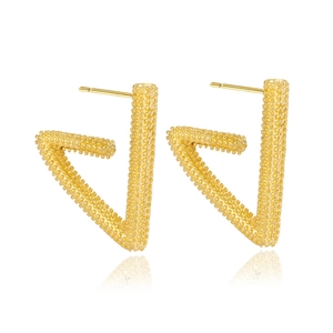 Golden V-shaped stainless steel earrings with textured granular finish on white background