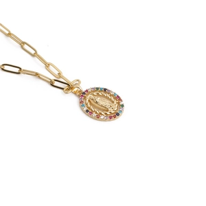 Hip hop gold paperclip chain necklace with colorful gemstone religious portrait pendant