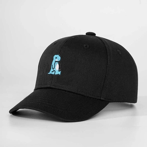Classic black cotton baseball cap with blue dinosaur embroidery in a 45-degree side view