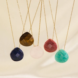 Natural Gemstone Water Drop Pendant Necklace Stainless Steel Faceted Stone Minimalist Elegant Jewelry For Women