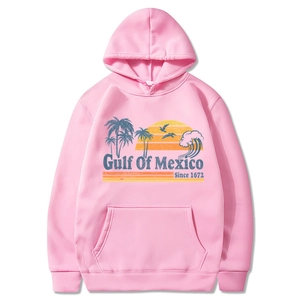 Pink oversized hoodie with vintage Gulf of Mexico palm tree and ocean wave print