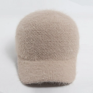 Plush faux rabbit fur knit baseball cap in oatmeal with warm fuzzy texture and curved brim