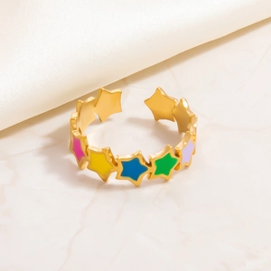 18k gold plated stainless steel open ring with colorful enamel stars on marble texture